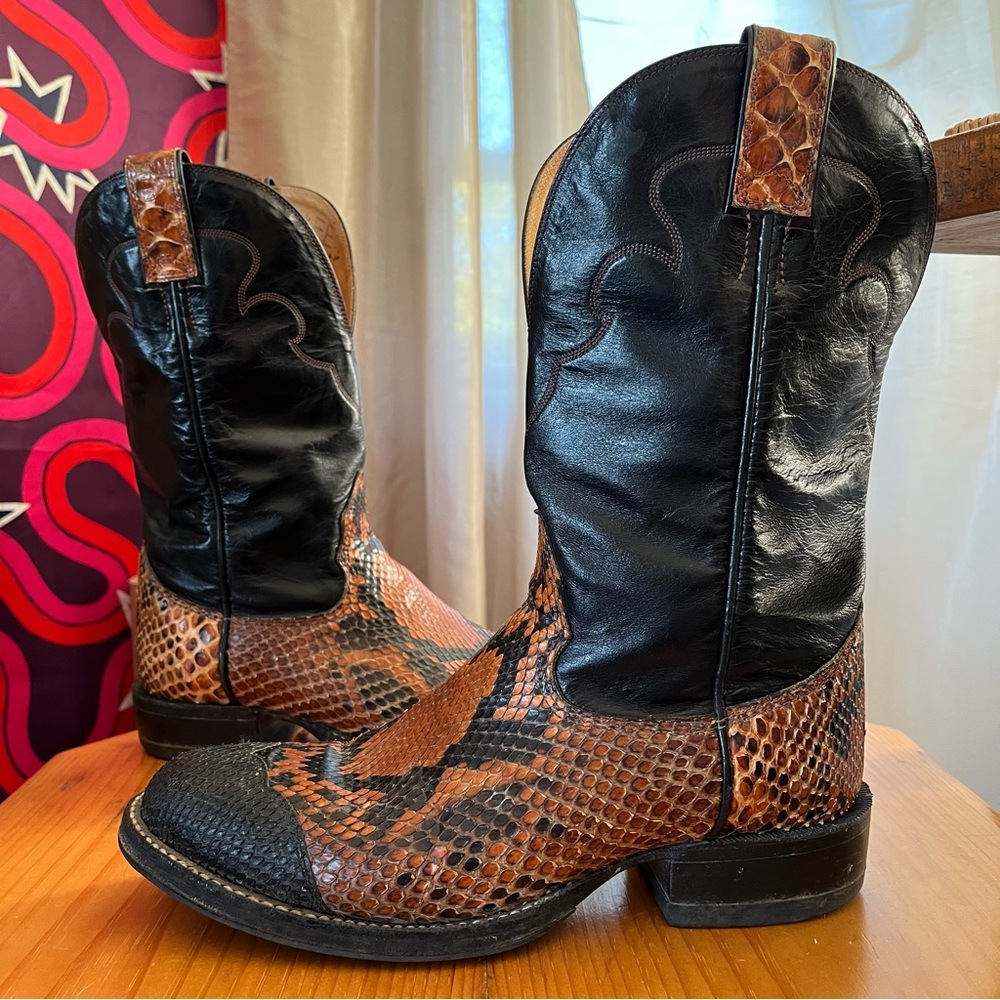 Vintage Alberta Boots Python Snakeskin Leather Cowboy Western Black Exotic EE